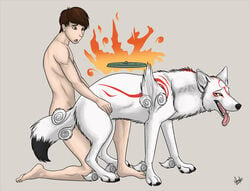 amaterasu ambiguous_penetration black_nose canine capcom deity digitigrade duo female feral fire from_behind_position fur grey_background human human_on_feral hybernation interspecies kneeling male male_on_feral mammal markings nude okami open_mouth penetration sex sharp_teeth side_view simple_background straight teeth tongue tongue_out white_fur wolf yellow_eyes zoophilia