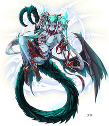 blue_skin conjoined green_hair hydra monster_girl multi_head skeleton_hand skull tail wing