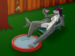 2016 anthro breasts cum ear_piercing female fish green_eyes hair lying marine navel navel_piercing penis piercing purple_hair pussy redmiles redmiles_the_shark shark