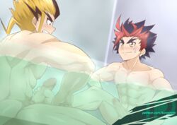 2boys abs barefoot beck erection feet footjob fuchigami_boruto future_card_buddyfight gao_mikado hair male_only multicolored_hair multiple_boys muscle nipples nude penis shared_bathing smile steam teeth toes water wet wince yaoi