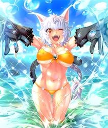 animal_ears breasts cat_ears cat_paws cat_tail crakul erect_nipples fangs female large_breasts lilith-soft looking_at_viewer navel neko_mimi nobushito_kuro open_mouth orange_eyes silver_hair smile solo swimsuit tail taimanin_asagi taimanin_asagi_battle_arena