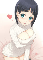 1girls adam700403 aqua_eyes black_hair black_legwear blush bob_cut breast_hold breasts cleavage cleavage_cutout goddess hair_ornament hairclip heart kirigaya_suguha large_breasts looking_at_viewer open-chest_sweater ribbed_sweater short_hair signature sitting solo sweater sword_art_online sword_art_online:_fairy_dance thighhighs turtleneck voluptuous