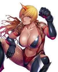 blonde_hair breasts cleavage dark-skinned_female dark_skin erect_nipples female horn kokonoki_nao large_breasts larkshasha lilith-soft long_hair looking_at_viewer navel parted_lips ponytail red_eyes sitting smile solo taimanin_asagi taimanin_asagi_battle_arena tied_hair