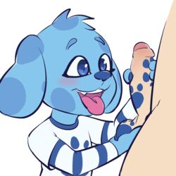 anthro ball_fondling balls blue's_clues blue_(blue's_clues) canine clothed clothing cub female female_focus fondling handjob human human_on_anthro interspecies intest looking_at_penis male mammal nickelodeon open_mouth pawprint penis straight tongue tongue_out young