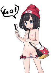 1girls bag black_hair blue_eyes blush bow_panties breasts donguri female hair handbag hat headgear highres human human_only matuken1027 navel nintendo nipples nude open_mouth panties panty_pull poke_ball pokemon pokemon_go pokemon_sm pussy selene_(pokemon) short_hair small_breasts solo striped striped_panties sweatdrop text uncensored underwear