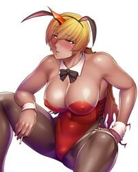 bare_shoulders blonde_hair blush breasts bunny_ears bunnysuit cigarette cleavage covered_navel dark-skinned_female dark_skin erect_nipples female horn kokonoki_nao large_breasts larkshasha lilith-soft long_hair parted_lips ponytail red_eyes sitting solo taimanin_asagi taimanin_asagi_battle_arena tied_hair