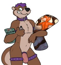 1boy 2016 anthro body_pillow brown_fur canine collar disney fox fur green_eyes hair half-closed_eyes holding_object lube magazine male male_only mammal mustelid nick_wilde nude orange_fur otter penis pillow purple_hair rotten_robbie simple_background solo standing teeth teguso thick_penis toes uncut vein veiny_penis writing zootopia