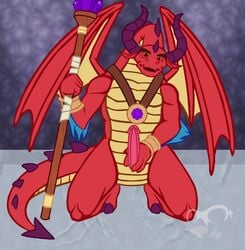 1boy 2016 animal_genitalia anso/rez anthro bracelet dragon erection gem genital_slit holding_penis horn humanoid_penis ice jewelry kneeling long_neck long_tail male male_only medallion necklace open_mouth penis red_(spyro) red_scales scales scalie slit solo spyro_the_dragon staff video_games wings yellow_belly yellow_scales