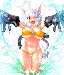 animal_ears breasts cat_ears cat_paws cat_tail crakul erect_nipples fangs female large_breasts lilith-soft looking_at_viewer navel neko_mimi nobushito_kuro one_eye_closed open_mouth orange_eyes silver_hair smile solo swimsuit tail taimanin_asagi taimanin_asagi_battle_arena