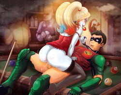 1boy 1girls 3boys anus ass bald bar batman_(series) big_ass black_hair blonde_hair blue_eyes blue_hair blush bottomless cowgirl_position cum cum_in_pussy cum_inside dat_ass dc dc_comics domino_mask elbow_gloves feet female gauntlets gloves harley_quinn hmage large_ass legs legwear lips lipstick makeup male mask multicolored_hair multiple_boys nail_polish pale_skin penetration penis pool_table public pussy red_hair red_lips red_lipstick red_robin sex shoes short_hair stockings straddling straight suicide_squad superhero table teen_titans testicles thighhighs thighs tim_drake vagina vaginal_penetration white_eyes white_skin