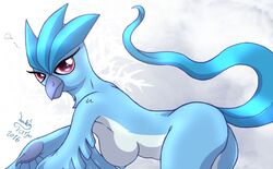 anthro areolae articuno ass avian beak breasts female hanging_breasts heart joakaha looking_at_viewer nipples nude pink_eyes pokemon pokemon_(species) sideboob solo tail text wings