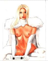 ai_assisted blonde_female blonde_hair blue_eyes blueblaster69 breasts curvy curvy_figure ed_benes_studio edit edited emma_frost hellfire_club marvel marvel_comics nipples playing_videogame pussy shaved_pussy tan_body traditional_media_(artwork) uzumaki_israel vagina video_game_controller white_queen x-men