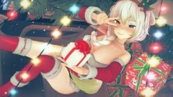 1girls ass braid breasts bunnysuit christmas christmas_outfit christmas_tree cleavage cute female female_focus female_only ferret_girl ferret_tail green_eyes green_hair indie_virtual_youtuber koikatsu laimu legs necklace peace_sign present reindeer_antlers sled smile smug smug_grin solo solo_female spamkaju tail thighhighs thighs virtual_youtuber white_hair