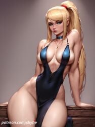 1girls ai_generated big_breasts blonde_hair cleavage dress eyelashes eyeliner eyeshadow female female huge_breasts long_hair ponytail samus_aran seductive shytie tight_clothing