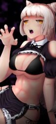 alternate_costume bare_shoulders big_breasts bikini breasts chaos_puss_in_boots_(grimms_notes) cleavage female grimms_notes highres ka2illust large_breasts long_hair maid maid_bikini navel purple_hackground solo swimsuit unconventional_maid white_hair yellow_eyes