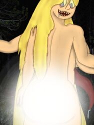 ass_focus big_breasts blonde_hair caitsquartrs censored dirty_blonde_hair dont_feed_the_muse grey_eyes happy_meat_farms huge_ass light_censor monster_girl monster_tongue ramona_bynes saliva sharp_teeth very_long_hair yellow_sclera yellow_teeth