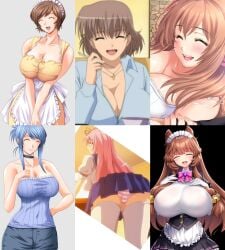 6+girls abel_howlicia bare_shoulders big_breasts blue_clothing breasts cleavage clothed_female enmaided gigantic_breasts huge_breasts inami_mashiro large_breasts laughing maid maid_headdress maid_uniform motto!_haramase!_honoo_no_oppai_isekai_oppai_meido_gakuen! multiple_girls multiple_images necklace nipples_visible_through_clothing nonomiya_momoko ootori_minamo oppai_gakuen_marchingband-bu!_?hatsujyohamedori_katsudounisshi? oppai_life panties saimin_class sanjou_miku school_uniform schoolgirl shimai_tsuma_3 shimaizuma_3 smile socks white_dress yellow_apron yukishiro_ayane