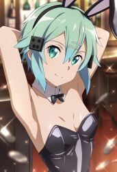 1girls armpits arms_behind_head breasts cleavage female female_only green_eyes green_hair highres leotard official_art playboy_bunny pose posing rabbit_ears sexy_armpits short_hair sinon small_breasts smile solo sword_art_online