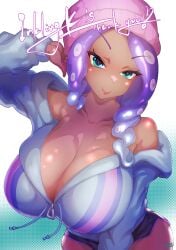 beanie_hat blue_hair booty_shorts braless dark_skin dolphin_shorts green_eyes hanging_breasts hoodie horny horny_female huge_breasts large_breasts momoyama_tits no_bra octoling original original_character purple_hair short_shorts splatoon splatoon_(series) splatoon_3 tentacle_hair zinnia_the_octoling zipper