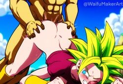 1boy 1girls ai_generated ass ass_grab ass_up bent_over blue_eyes blush clenched_teeth dragon_ball_super embarrassed female grabbing_ass hi_res high_resolution highres kefla kefla_(dragon_ball) male male/female medium_breasts motion_lines mountain muscular_male on_floor one_eye_closed penis_in_pussy pussy_juice_drip sex straight super_saiyan top-down_bottom-up waifumakerart