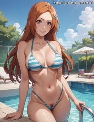 ai_generated bikini bleach bleach:_the_thousand-year_blood_war blue_bikini blue_eyes blush breasts brown_hair curvy female fit fit_female highres hourglass_figure inoue_orihime large_breasts looking_at_viewer outdoors pool pubic_hair pussy qwertart slim smile solo tagme teeth wide_hips