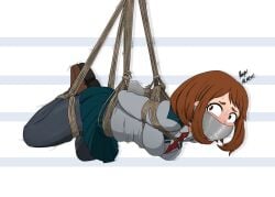 2022 2d 2d_(artwork) arms_behind_back bondage bondage bound breasts female female_focus female_only gag gagged gagged_female gagging human looking_at_viewer moaning my_hero_academia ochako_uraraka rope rope_between_breasts rope_bondage school_uniform schoolgirl skirt suspended suspended_in_midair suspension tape tape_gag taped_mouth thick_thighs thighs