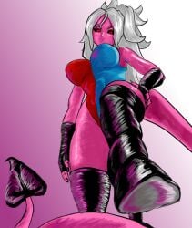 2d 2d_(artwork) android_21 dragon_ball dragon_ball_z huge_breasts pink_skin red_eyes smile white_background white_hair