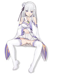 blush braid emilia_(re:zero) female finger_to_mouth harukigenia innie_pussy long_hair no_panties pink_eyes pussy re:zero_kara_hajimeru_isekai_seikatsu shushing silver_hair sitting skirt skirt_lift thighhighs tied_hair upskirt