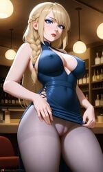 ai_generated astrid_hofferson blonde_hair blue_eyes braided_hair cameltoe chloenette69 dress erect_nipples_under_clothes eyebrows eyelashes eyeliner eyeshadow how_to_train_your_dragon large_breasts lipstick pantyhose restaurant solo_female