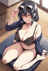 black_bra black_hair black_panties casey_bellman, female long_hair medium_breasts original_character pink_eyes sitting_on_couch smile sunglasses_on_head,