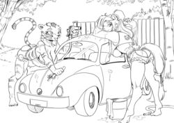 anthro bucky_o'hare_(series) car_wash crossover feline jenny_(bucky_o'hare) kung_fu_panda master_tigress monochrome short_shorts underboob yawg