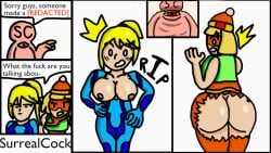 1boy 2girls accidental_exposure ass_focus big_ass big_breasts breast_focus commission min_min_(arms) nintendo self_insert surrealcock top_down_view wardrobe_malfunction zero_suit_samus