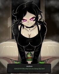 1boy 1girls andrew_graves ashley_graves ben_10_underwear black_hair brother_and_sister choker cleavage dialogue female frown glare glaring incest male male_pov pov siblings straddling sweat sweaty text the_coffin_of_andy_and_leyley truedarkorts