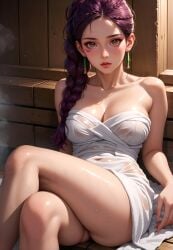 ai_generated fire_emblem fire_emblem:_three_houses petra_macneary princess purple_hair royalty sauna sweating tattoo teenage_girl teenager