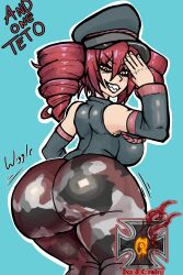 1girls 2d 2d_(artwork) arched_back artist_logo artist_name ass ass_focus back back_view backboob big_ass big_breasts big_thighs blue_background bottom_heavy breasts bubble_butt camo_pants camouflage_pants clothed clothed_female clothing curvaceous curvy curvy_female curvy_figure detached_sleeves evil_grin evil_smile fat_ass fat_thighs female female_only fully_clothed gigantic_ass half-closed_eyes hat hips_wider_than_shoulders huge_ass huge_breasts huge_thighs kasane_teto large_ass large_breasts large_thighs looking_back massive_ass massive_thighs military_pants military_uniform motion_lines red_eyes red_hair rose_dax salute sharp_teeth skin_tight smile solo solo_female sticking_ass_out thick_ass thick_thighs thighs tight_clothing tight_pants twin_drills utau voluptuous voluptuous_female wide_hips wiggling_ass wobbling_ass