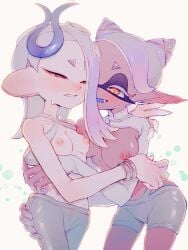 2girls barrette blush blush_lines boobs breasts cyano0420 dark-skinned_female dark_skin deep_cut_(splatoon) female female_focus female_only frye_(grand_festival) frye_(splatoon) frye_onaga grand_festival_(splatfest) horn horns inkling inkling_girl interracial interracial_yuri interspecies interspecies_yuri light-skinned_female light_skin nintendo nipples now_or_never_barrette now_or_never_horns octoling octoling_girl plain_background red_eyes shiver_(grand_festival) shiver_(splatoon) shiver_hohojiro simple_background splatfest splatoon splatoon_(series) splatoon_3 sweat sweatdrop sweating sweaty tagme tentacle_hair tits_out white_background yellow_eyes