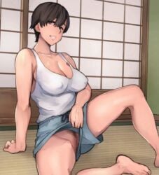 arm_support bare_shoulders barefoot black_hair blush breasts brown_hair cleavage covered_nipples feet female futon grin indoors large_breasts looking_at_viewer no_bra no_panties on_floor one_eye_closed pepe_(jonasan) pubic_hair short_hair shorts shouji sitting sliding_doors smile soles solo spread_legs tatami zabuton