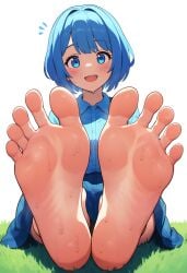 1girls ai_generated big_feet blue_eyes blue_hair blue_shirt blue_skirt blush feet feet_first feet_together foot_fetish foot_focus looking_at_viewer oc offering_to_viewer open_mouth original_character pov pov_feet short_hair soles su_whore_(artist) sweat sweatdrop sweating sweaty sweaty_feet