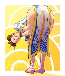 ass ass_bigger_than_head ass_focus barefoot barely_covered bent_over bracelets brown_eyes brown_hair capcom cheongsam chun-li clothing dress face_down_ass_up feet female female_only fully_clothed galaxee_nut hair_bun hair_buns hand_on_head huge_ass lips looking_at_viewer looking_back muscle_mommy muscles muscular muscular_legs muscular_thighs no_panties no_panties_under_dress no_panties_under_skirt no_pants presenting pussy shiny_skin shoes smile smiling smiling_at_viewer solo street_fighter street_fighter_6 tagme thick_lips thick_thighs thighs thunder_thighs