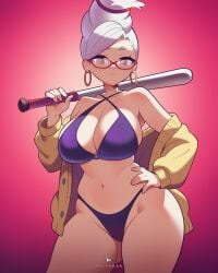 ayase_seiko baseball_bat bikini breasts brown_eyes coat dandadan female female_only flipherrrr gilf glasses gray_hair hand_on_hip light_skin long_hair mature milf tagme