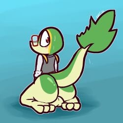 1:1 2026 3_toes anthro ass backsack balls big_balls big_butt blush bodily_fluids bottomless clothed clothing feet generation_5_pokemon genitals green_balls green_body green_scales grey_clothing grey_shirt grey_topwear grey_vest kneeling looking_back male markings nintendo pokemon pokemon_(species) pupils raised_tail rear_view red_eyes red_pupils scales shirt snivy solo sweat tail toes topwear ultilix vest willow_(obscoore) yellow_body yellow_markings yellow_scales