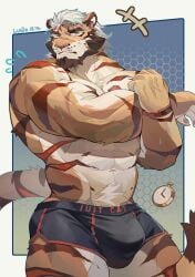 anthro bear beard biceps clothing facial_hair fangs felid hair hi_res luodejun male male_anthro mammal muscular muscular_anthro muscular_male pantherine solo teeth tiger underwear