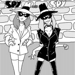 2girls breasts greyscale hat headgear monochrome spy_vs_spy