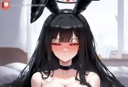 1girls ai_generated akyoi animal_ears bedroom black_hair blue_archive blush bunny_hears female halo light-skinned_female light_skin long_hair looking_at_viewer pantyhose patreon red_eyes rio_(blue_archive) solo solo_female very_long_hair