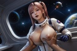 1boy ai_generated blue_gloves breasts_out dead_or_alive dead_or_alive_xtreme_venus_vacation earth female grabbing_breasts honoka_(doa) hourglass_figure huge_breasts looking_at_partner open_mouth pink_hair ponytail pov_male rekcah_mhf side_ponytail space spaceship spaceship_interior spacesuit standing surprised_expression