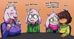 1girl2boys 2boys1girl asriel_dreemurr big_breasts breasts cute deltarune implied_incest incestuous_desire kris_(deltarune) nonbinary_(lore) ralsei ralsei_with_white_fur silly toriel undertale_(series) wholesome