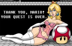 1girls english_text erect_nipples female female_only indoors lingerie mackie85 mario_(series) mushroom nintendo on_side princess_peach solo stardragon77 super_mario_bros. super_mario_bros._(nes) text underwear