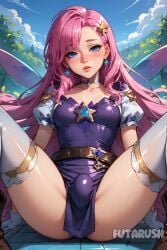 ai_generated blue_eyes blush boots breasts brown_footwear bulge choker collarbone earrings futarush gloves jewelry league_of_legends league_of_legends:_wild_rift long_hair looking_at_viewer outdoors panties parted_lips patreon patreon_username pink_hair pool puffy_short_sleeves riot_games seraphine_(league_of_legends) short_sleeves sitting solo spread_legs sultryspark thighhighs underwear white_gloves white_thighhighs