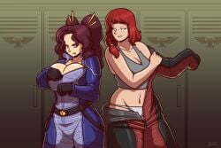 2girls aquila_(symbol) astra_militarum belt big_ass big_breasts blazbaros blue_eyes boob_window cleavage cleavage_window dressing dressing_room dressing_up female female_only hair_ornament human imperial_guard imperium_of_man locker locker_room long_hair panties pink_eyes practically_nude purple_hair red_hair skin_tight skin_tight_suit soldier suit sweatshirt tau thick_thighs twintails warhammer_(franchise) warhammer_40k watching wide_hips zipper