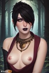 1girls ai_generated artist_name bare_shoulders bioware black_hair black_lips breasts breasts_out dragon_age dragon_age_2 dragon_age_inquisition dress electronic_arts eyeshadow forest hair_over_one_eye hi_res jewelry lipstick looking_at_viewer makeup medium_breasts mole mole_on_breast mole_under_eye morrigan_(dragon_age) nature necklace nipples no_bra outdoors parted_lips red_dress rule34lab short_hair solo tree upper_body witch yellow_eyes